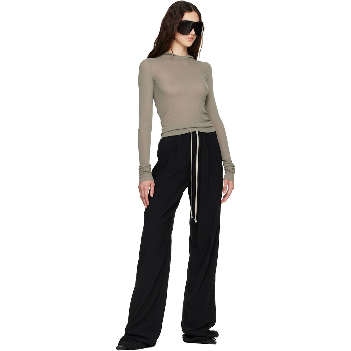 Rick Owens Taupe Tower Cropped Hooded Rib LS T-shirt