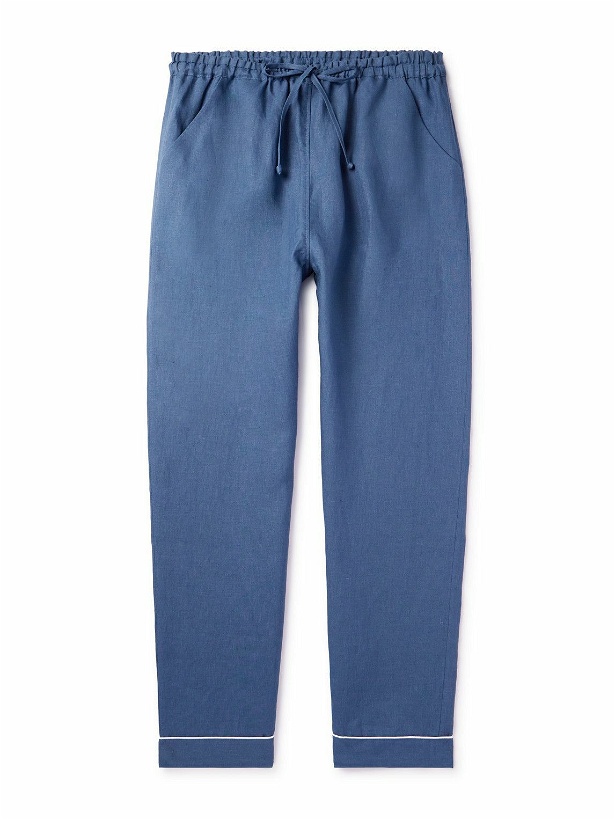 Photo: Loretta Caponi - Straight-Leg Linen Drawstring Pyjama Trousers - Blue