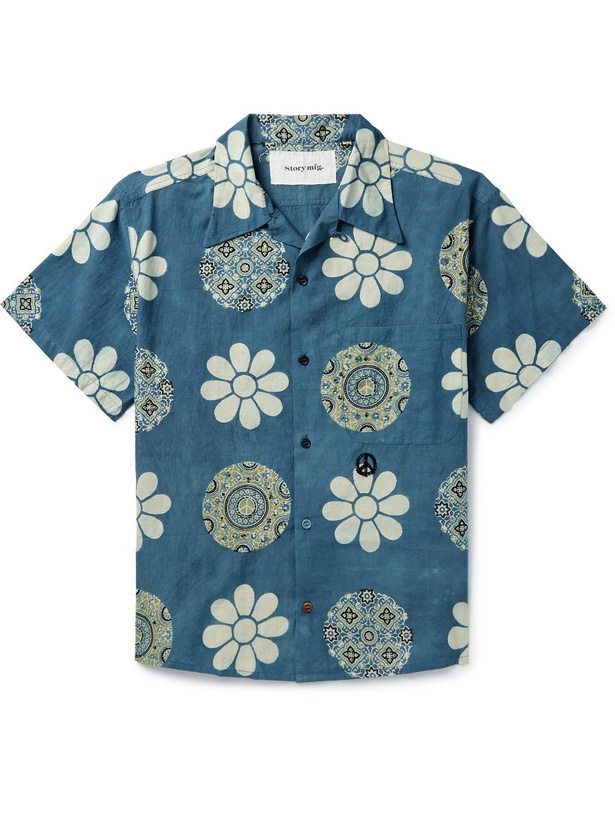 Photo: Story Mfg. - Shore Convertible-Collar Printed Organic Cotton-Poplin Shirt - Blue