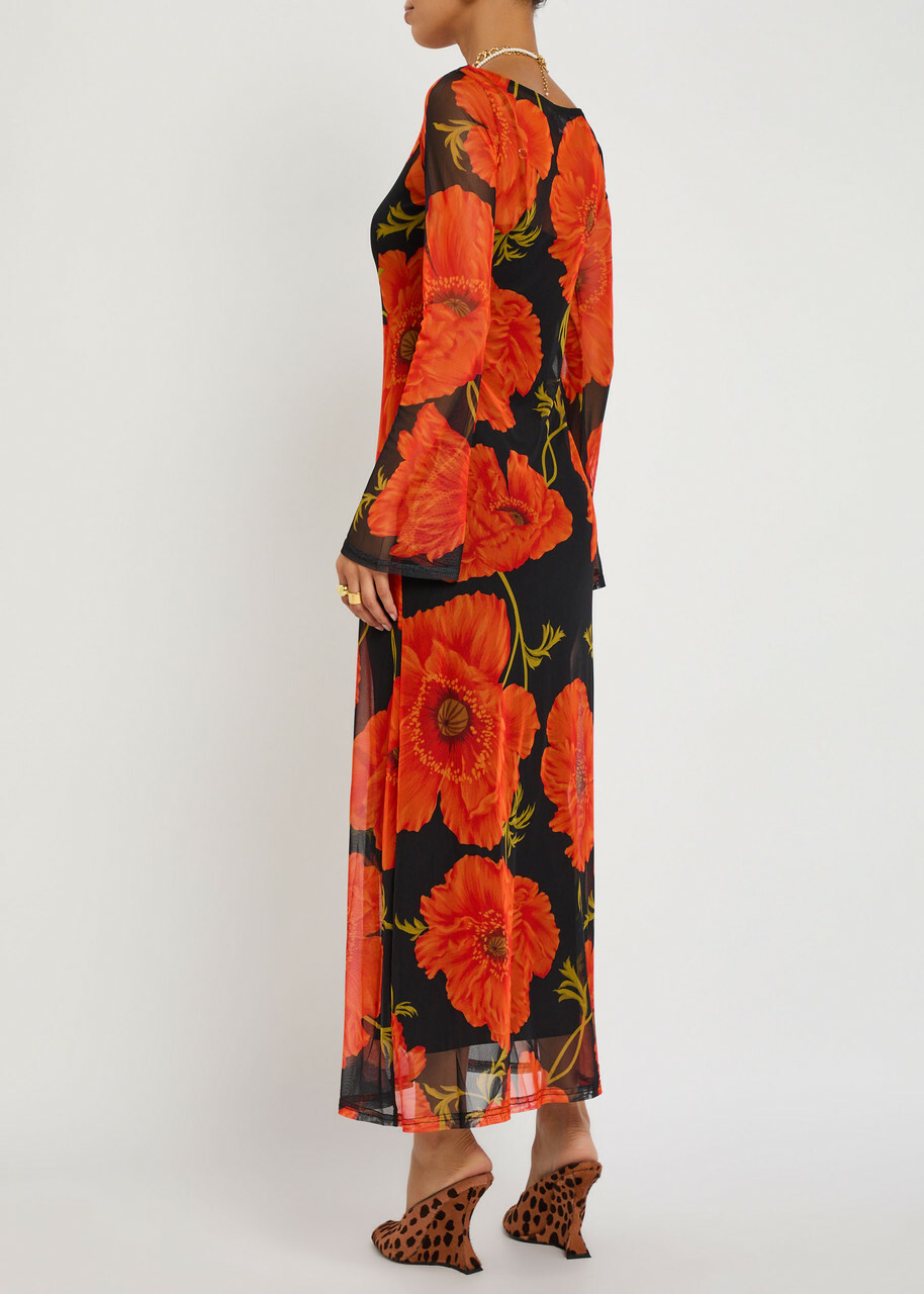 Never Fully Dressed Floral-print Mesh Midi Dress Black Red