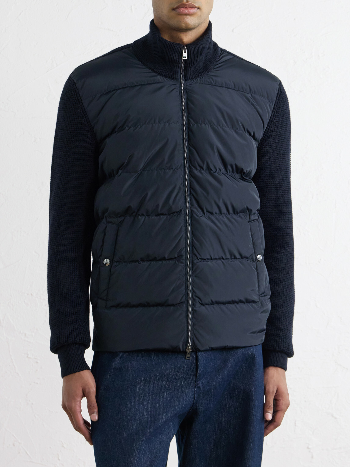 Herno - Waffle-Knit Wool-Trimmed Quilted Shell Down Jacket - Blue