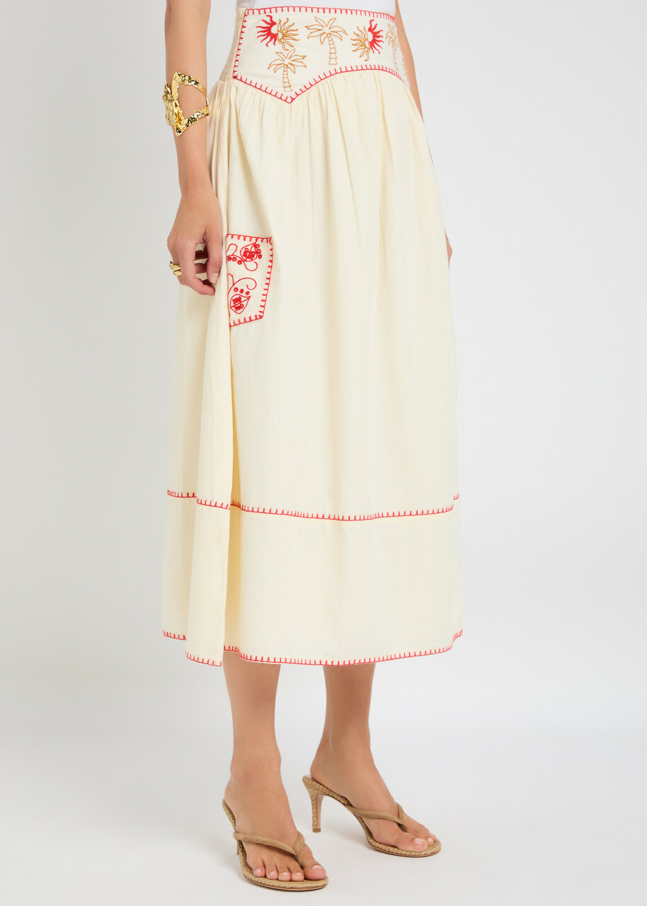 Never Fully Dressed Pollenca Embroidered Cotton Midi Skirt White