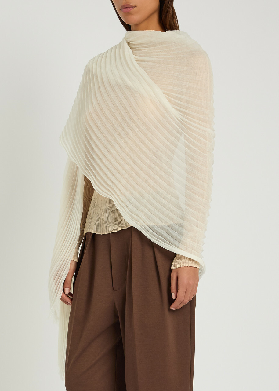 Issey Miyake Feather Pleated Semi-sheer Woven Stole - White - One Size