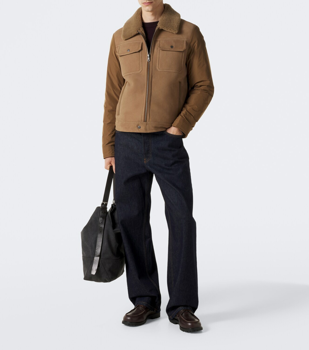 Moncler Shearling-trimmed suede down jacket