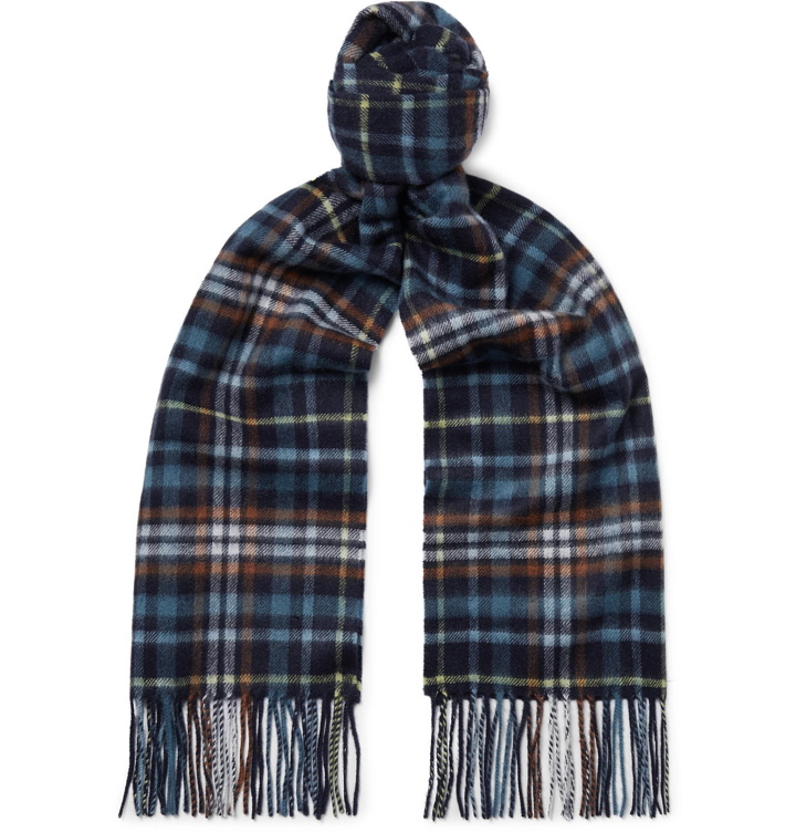 Photo: Johnstons of Elgin - Fringed Checked Cashmere Scarf - Blue