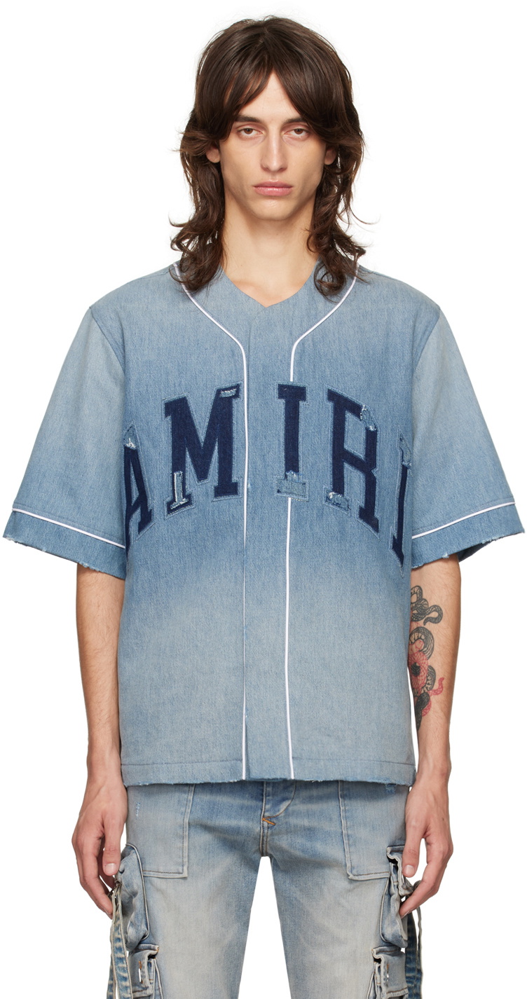 AMIRI Blue Sunfaded Baseball Denim Shirt Amiri