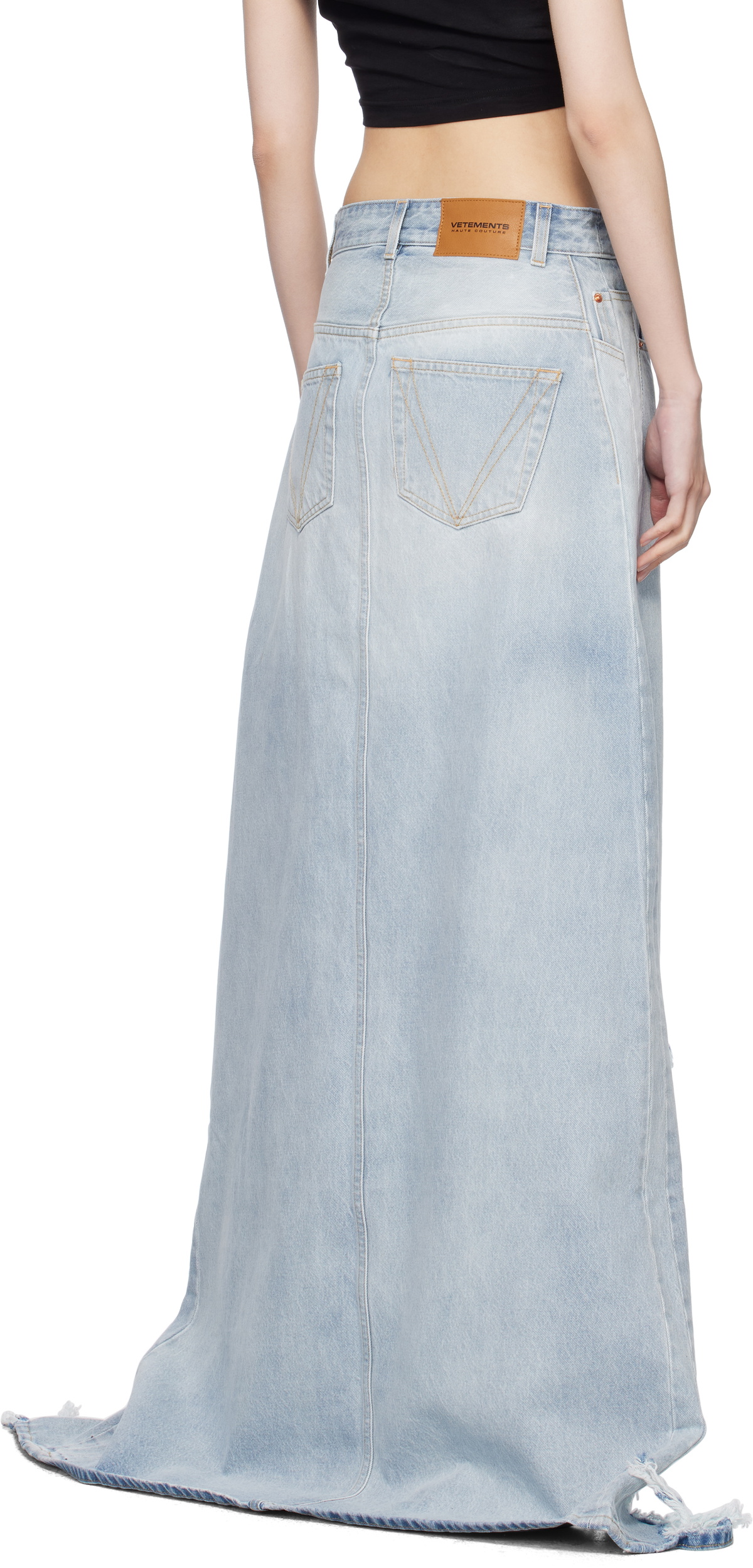 VETEMENTS Blue Destroyed Denim Maxi Skirt