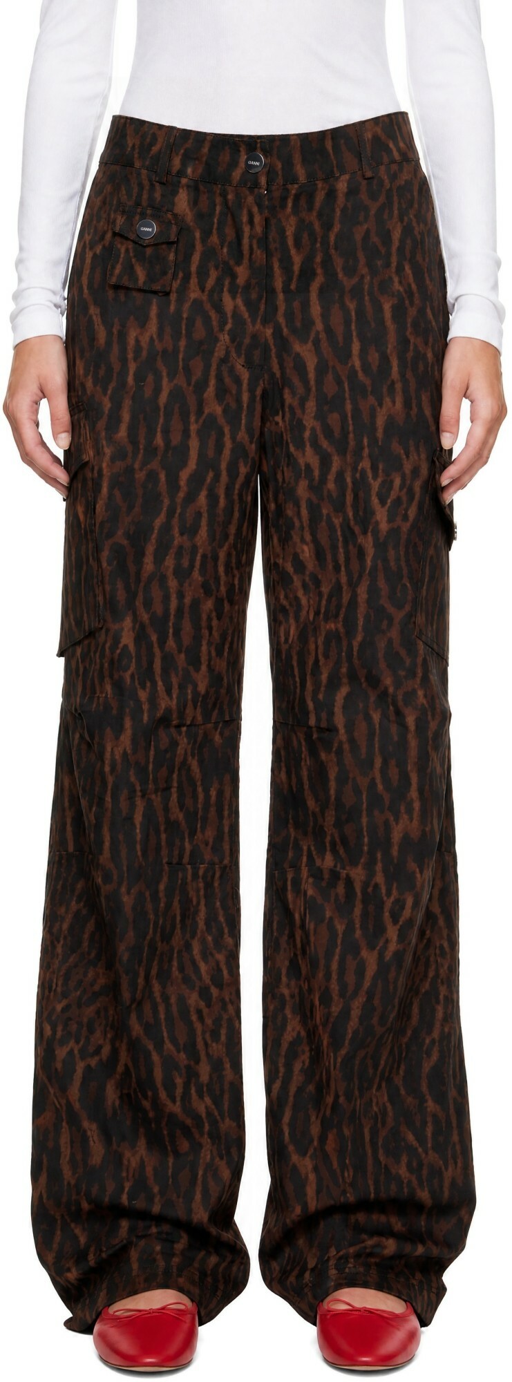 GANNI Brown Printed Cotton Cargo Pants