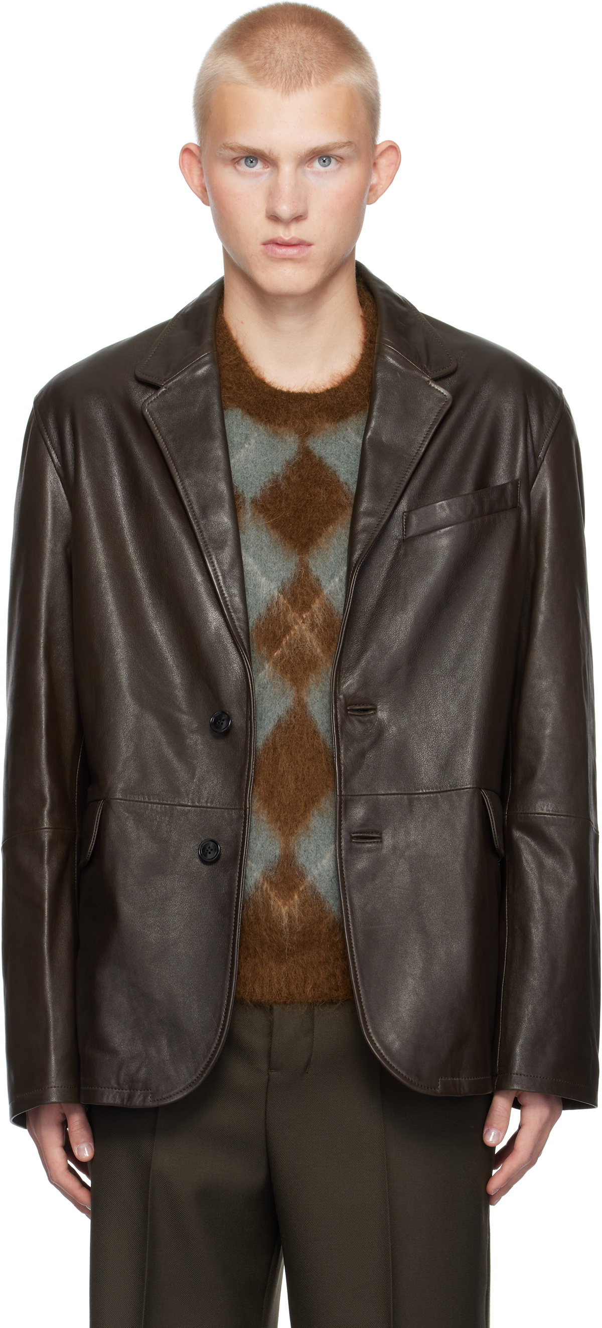 AMI Paris Brown Two Buttons Leather Jacket AMI