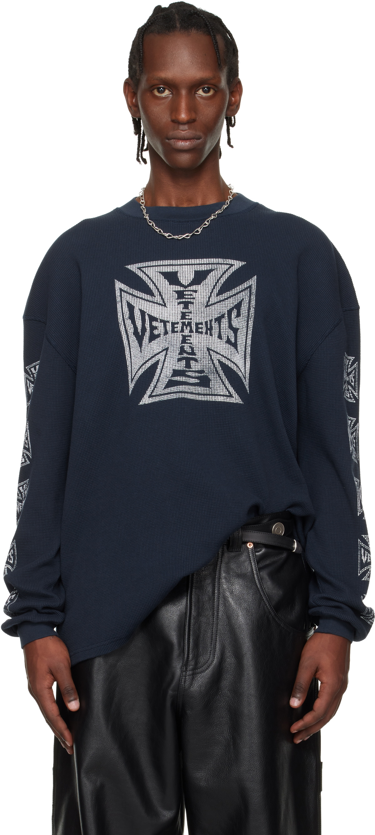 VETEMENTS Navy Biker Cross Waffle Longsleeve T-shirt Vetements