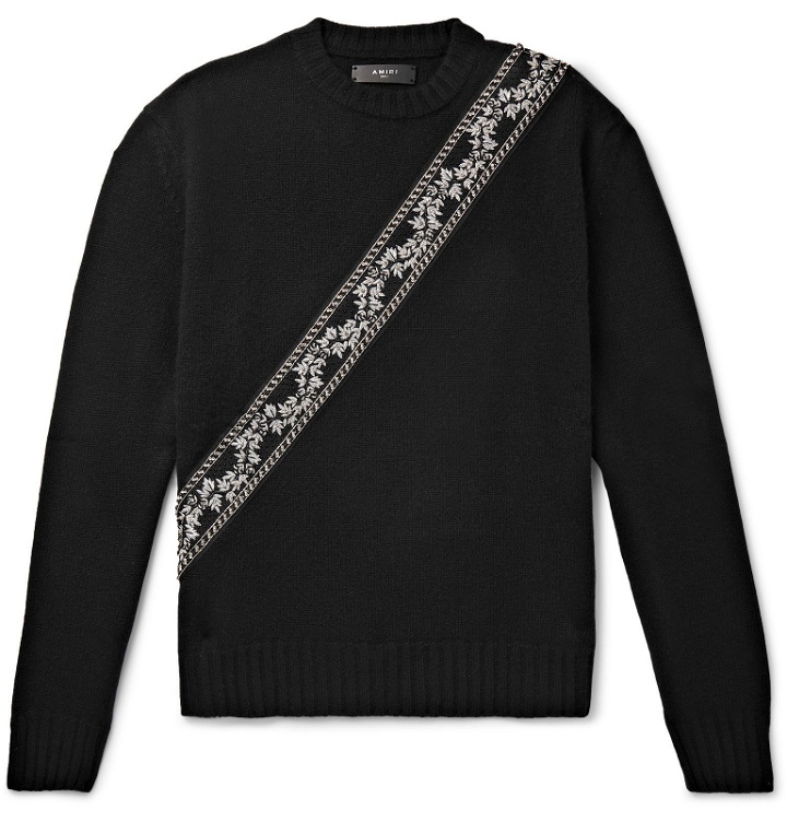 Photo: AMIRI - Appliquéd Wool and Cashmere-Blend Sweater - Black