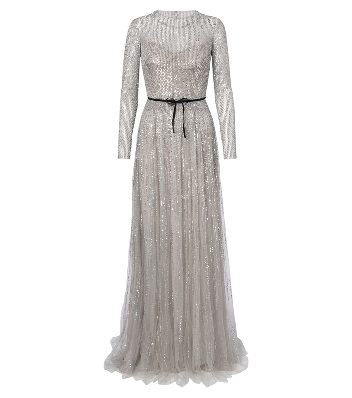 Photo: Monique Lhuillier Bow-detail sequined tulle bustier gown